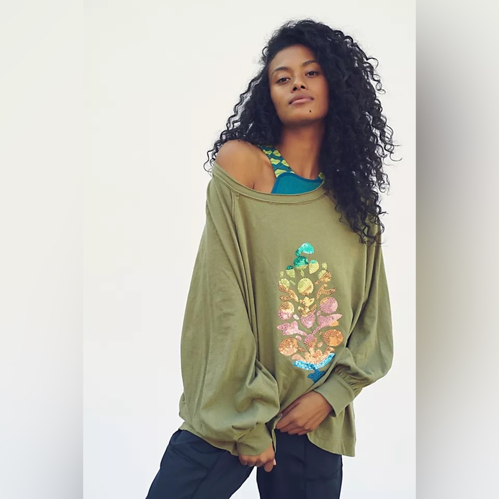 FP Movement by Free People Olive Green Sequin Graphic Oversized Sweatshirt